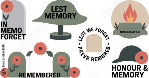 Remembrance Day with Poppies, Tombstones, and Military Helmets in Memory of the Fallen