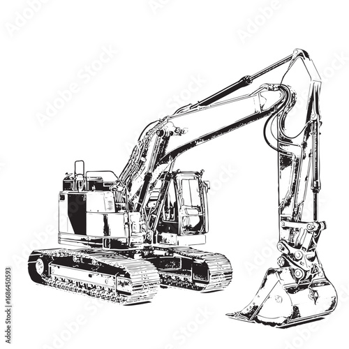 Detailed black and white illustration of a powerful excavator ready for construction or demolition projects