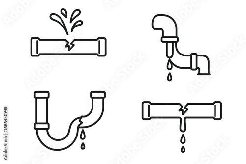 Broken pipe line icon set. Leaking pipe, water leak, burst pipe, and plumbing problem vector icons. Water damage, repair, and maintenance concept for graphic design.