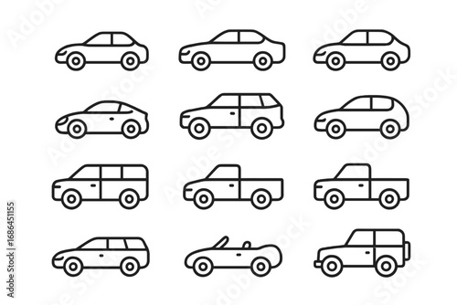 Car icon set. Vector line icons of different automobile body types. Transport symbols. Outline vehicle collection. Sedan, suv, pickup, coupe, hatchback, van, convertible, sports car.