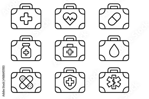 Medical and healthcare line icon set. First aid kit, emergency suitcase, doctor bag symbols. Vector collection with cross, heart, pill, blood drop for hospital or pharmacy.
