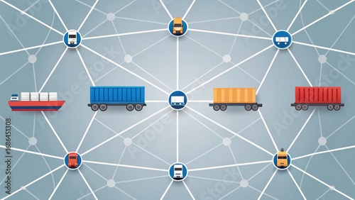 Wallpaper Mural Illustration of a transportation network featuring various cargo vehicles, including a ship and colorful freight containers connected by lines. Torontodigital.ca