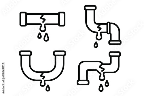 Broken pipe outline icon set. Water leak, plumbing problem concept. Leaking pipeline, tube damage. Plumber service, emergency repair symbol. Vector graphics for web design.