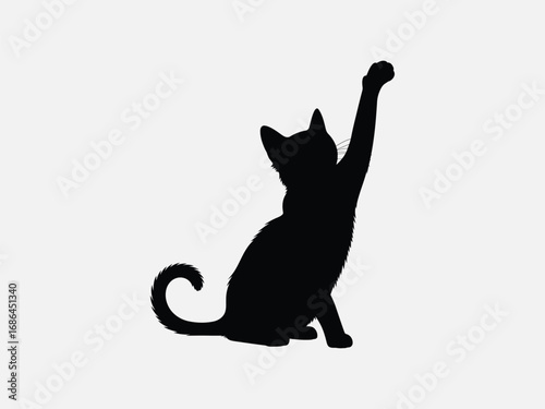 Vector art of a black cat silhouette is reaching up with its paw, , creating a simple yet striking image of feline curiosity and playfulness