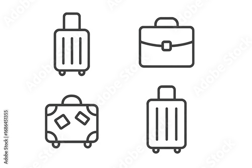 Luggage and bag line icon set. Suitcase, briefcase, and travel bag symbols. Vector outline illustration for tourism, vacation, and business trip concepts. Baggage pictogram.