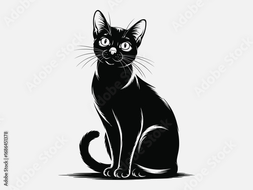 Vector art of a sleek black cat with striking white eyes sits gracefully, , showcasing its elegant posture and captivating gaze