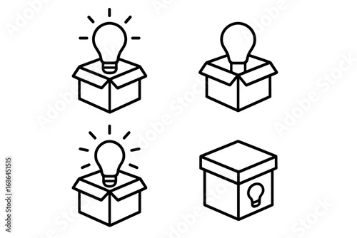 Thinking outside the box icon set. Creative idea, innovation concept. Light bulb emerging from open package. Solution, creativity, new ideas vector illustration line art.