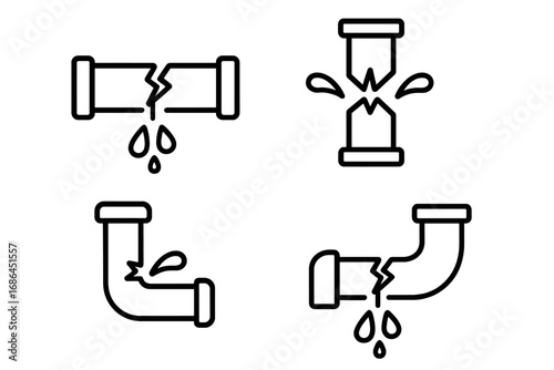 Broken pipe vector outline icon set. Plumbing problem, water leak, burst pipeline concept. Leaking tube, damage, drain, emergency service pictogram for web, mobile, logo.