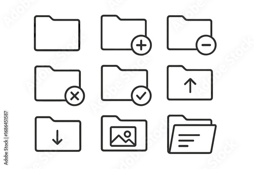 Folder icon set. Line art vector icons for file and document management. Symbols for new, add, delete, upload, download, check, and image files for UI UX design elements.