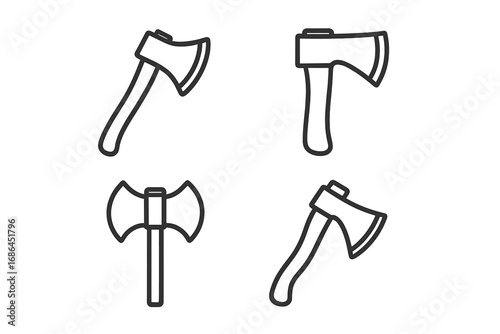 Axe line icon set. Collection of hatchet, tomahawk, and double axe outline symbols. Lumberjack and woodcutter tool pictogram. Minimal vector illustration for web design.