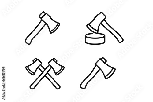 Axe line icon set collection. Minimalist linear pictogram for web design. Hatchet, crossed axes, chopping wood log. Vector lumberjack and woodcutter tool symbol.