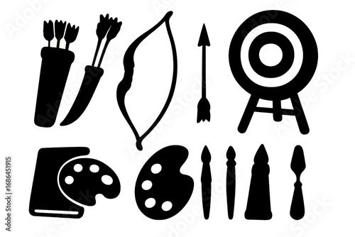 Vector silhouette collection of archery and art hobby equipment. Set of icons including bow, arrow, target, quiver, artist palette, brushes, and paint tools for design.