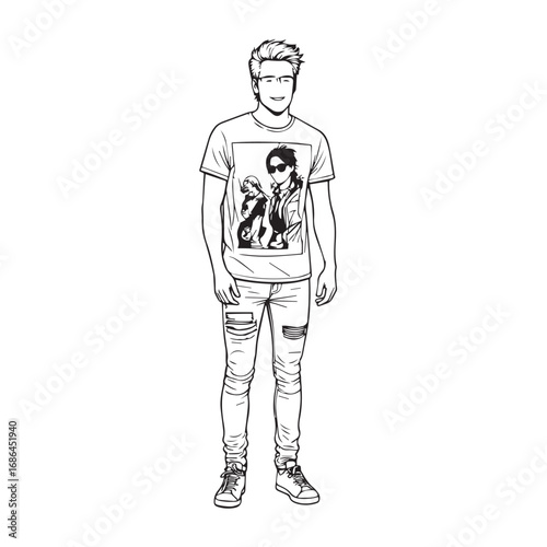 Handsome Man Black and White Illustration Vector Image Male Portrait Fashion Sketch Line Art Design