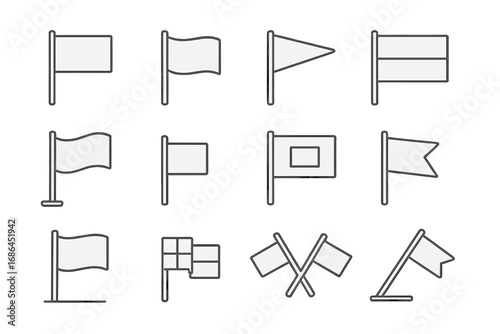 Flag icon set vector line art collection. Minimalist banner and pennant symbols. Waving flag on pole outline illustration. Country nation and team standard mockup template.