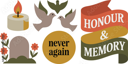 Remembrance with Symbols Doves, Candle, Flowers, Tombstone, and Memorial Ribbon with 'Never Again' Text