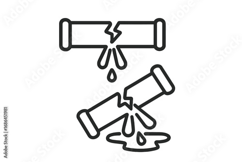 Broken pipe icon set. Leaking water from burst pipeline. Plumbing problem symbol. Water damage and leakage sign. Dripping liquid and puddle. Emergency repair concept vector.