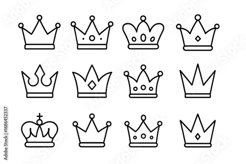 Crown icon set line art. Royal crowns logo collection. King, queen, princess symbols. Simple heraldic element for luxury brand. Majestic royalty vector illustration.