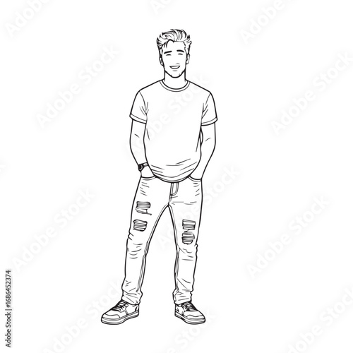 Handsome Man Black and White Illustration Vector Image Male Portrait Fashion Sketch Line Art Design