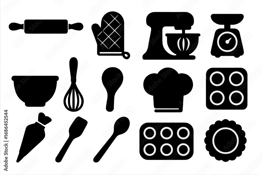 Fototapeta premium Baking tools silhouette icons set. Kitchen utensils for cooking and pastry. Vector collection of equipment like mixer, whisk, rolling pin, chef hat, oven mitt and scale.