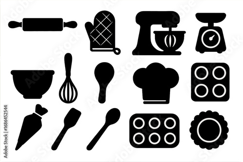 Baking tools silhouette icons set. Kitchen utensils for cooking and pastry. Vector collection of equipment like mixer, whisk, rolling pin, chef hat, oven mitt and scale.