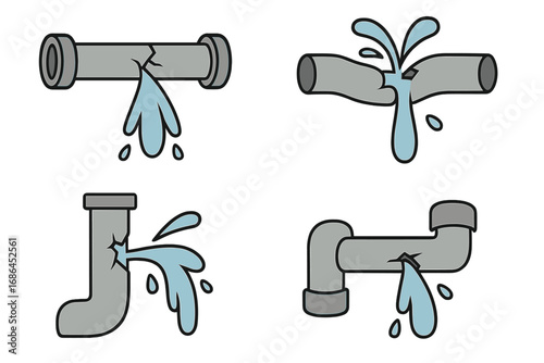 Broken pipe vector icon set. Water leak from burst or cracked pipeline. Plumbing problem, damage, and repair concept. Cartoon illustration of water spraying from tube.