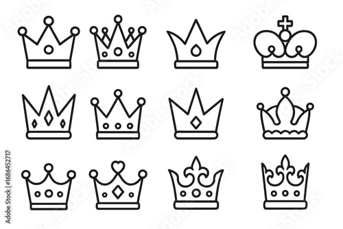 Royal crown thin line icon set. King, queen, prince majestic symbols. Monarchy heraldry element. Power, luxury, premium concepts. Vector outline icons for logo, web, app design.