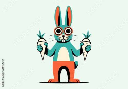 A stylized teal rabbit character with big round glasses holding two carrots