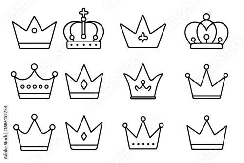 Crown line icon set. Royal king, queen, prince and princess heraldic symbols. Simple outline vector illustration for logo, web design, apps, and luxury branding concepts.