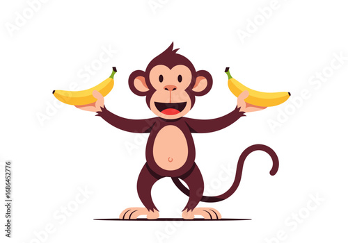 Adorable cartoon monkey holding two delicious yellow bananas with a big smile for your entertainment needs