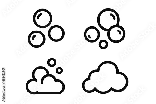 Bubble and foam line icon set. Minimalist vector illustration of soap suds, effervescent fizz, and sparkling water. Concept for cleaning, laundry, hygiene, and shampoo.