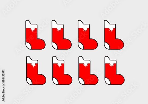Eight red christmas stockings with white cuffs and snowflakes decorations on a light gray background
