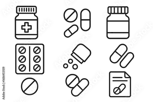 Medical pills and bottle line icon set. Pharmacy drug, medicine tablet, capsule, and prescription icons. Healthcare treatment concept. Editable stroke vector illustration for web.