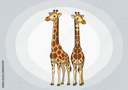 Two cartoon giraffes standing side by side facing forward with spotty coats and long necks