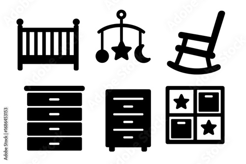 Nursery furniture icons set. Black silhouette baby room elements. Crib, mobile, rocking chair, dresser, toy storage organizer. Vector glyphs for newborn, childcare, decor.