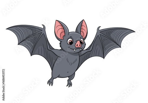 Adorable cartoon bat with big wings ready to take flight on a white background