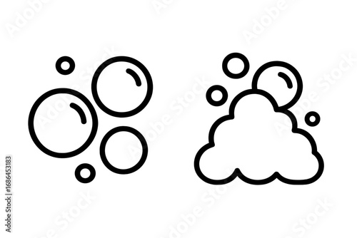 Vector bubble and foam line icon set. Modern outline symbols for soap suds, shampoo lather, or fizzy soda pop. Concept of cleanliness, washing, hygiene, carbonated water.