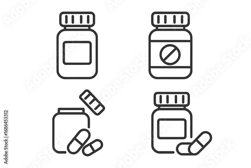Medicine pill bottle line icon set. Pharmacy drug container, capsule, tablet symbols. Healthcare, prescription, vitamin supplement concepts. Editable stroke vector graphic illustration.