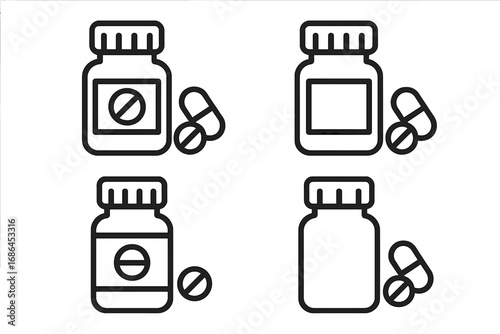 Pill bottle line icon set. Medicine, drug, tablet, and capsule symbols. Pharmacy, healthcare, prescription, addiction, vitamin, supplement concepts. Editable stroke vector icons.