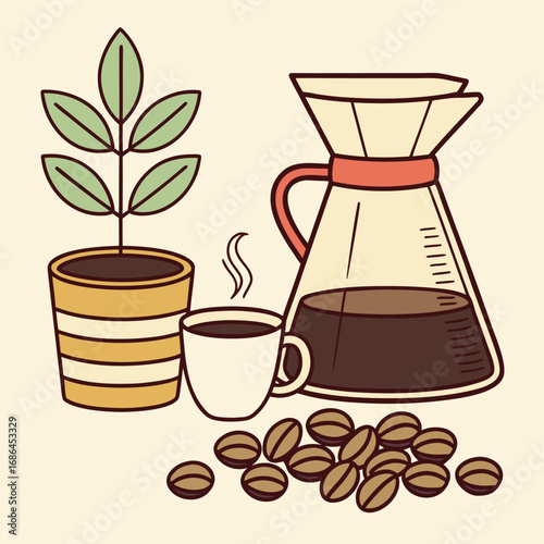 Vector art of a steaming cup of coffee next to a pourover coffee maker and a small potted plant with coffee beans scattered around