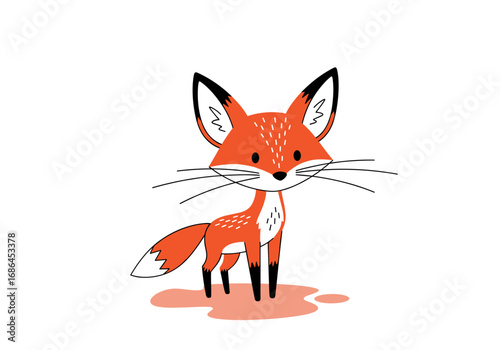 Adorable cartoon red fox standing in a puddle looking curious and playful