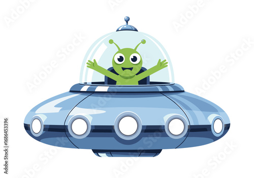 Friendly alien piloting a shiny metallic flying saucer on a journey through space and time