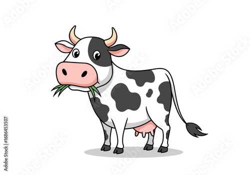 A whimsical cartoon cow with black and white spots enjoying a bite of green grass in a sunny meadow