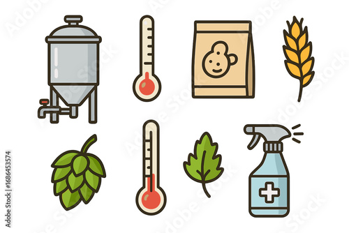 Brewing equipment icon set for craft beer. Homebrewing process with fermenter, hops, grain, yeast, thermometer and sanitizer. Vector icons for brewery and beer making.