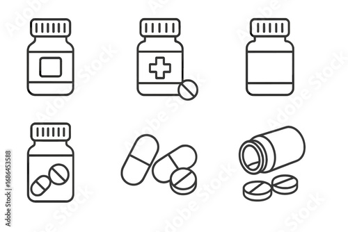 Pill bottle and medicine icon set. Thin line art collection of pharma symbols. Prescription drugs, vitamin supplements, and healthcare treatment concepts. Editable stroke vector.