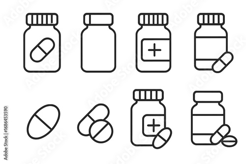 Pills and medicine bottle thin line icon set. Vector collection of drug containers, tablets, and capsules. Pharmacy, healthcare, and medical symbols. Editable stroke graphics.