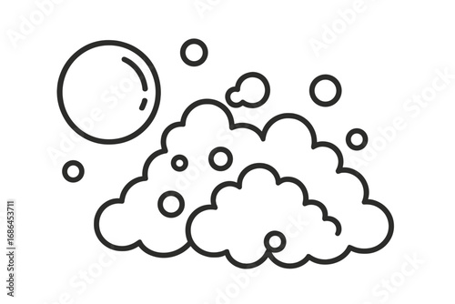 Soap foam and bubbles outline vector icon. Suds, lather, fizzy pop, and effervescent concept for cleaning, washing, hygiene. Simple black and white line art illustration.