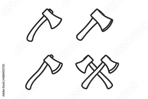 Set of axe line icons. Hatchet, tomahawk vector graphic collection. Minimal linear pictogram bundle. Crossed axes. Lumberjack, woodcutter tool symbol for web, app, logo.
