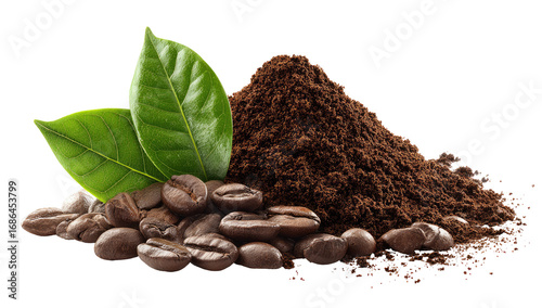 Coffee grounds and beans with leaves