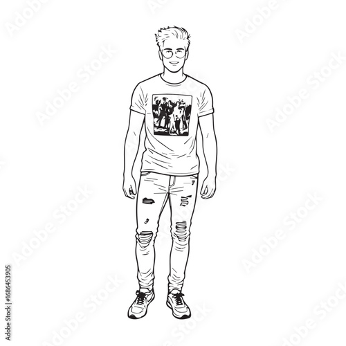Handsome Man Black and White Illustration Vector Image Male Portrait Fashion Sketch Line Art Design