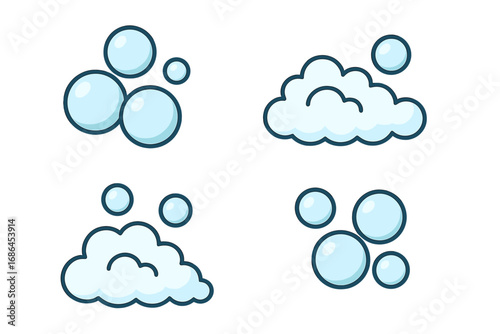 Soap bubble and foam vector icon set. Cartoon illustration of suds, lather, and fizz for cleaning and washing concepts. Isolated blue bubbles for laundry, bath, web design.